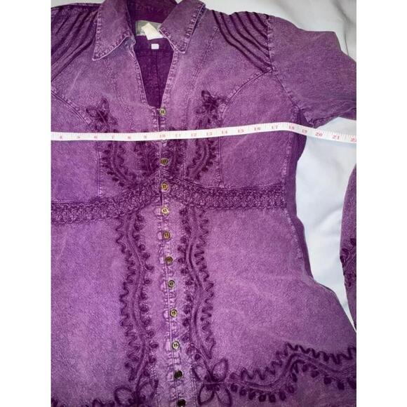 Inca Cottons Artsy Shirt Purple Embroidered Button Up Layering Fall Lacey Size L - Picture 5 of 8